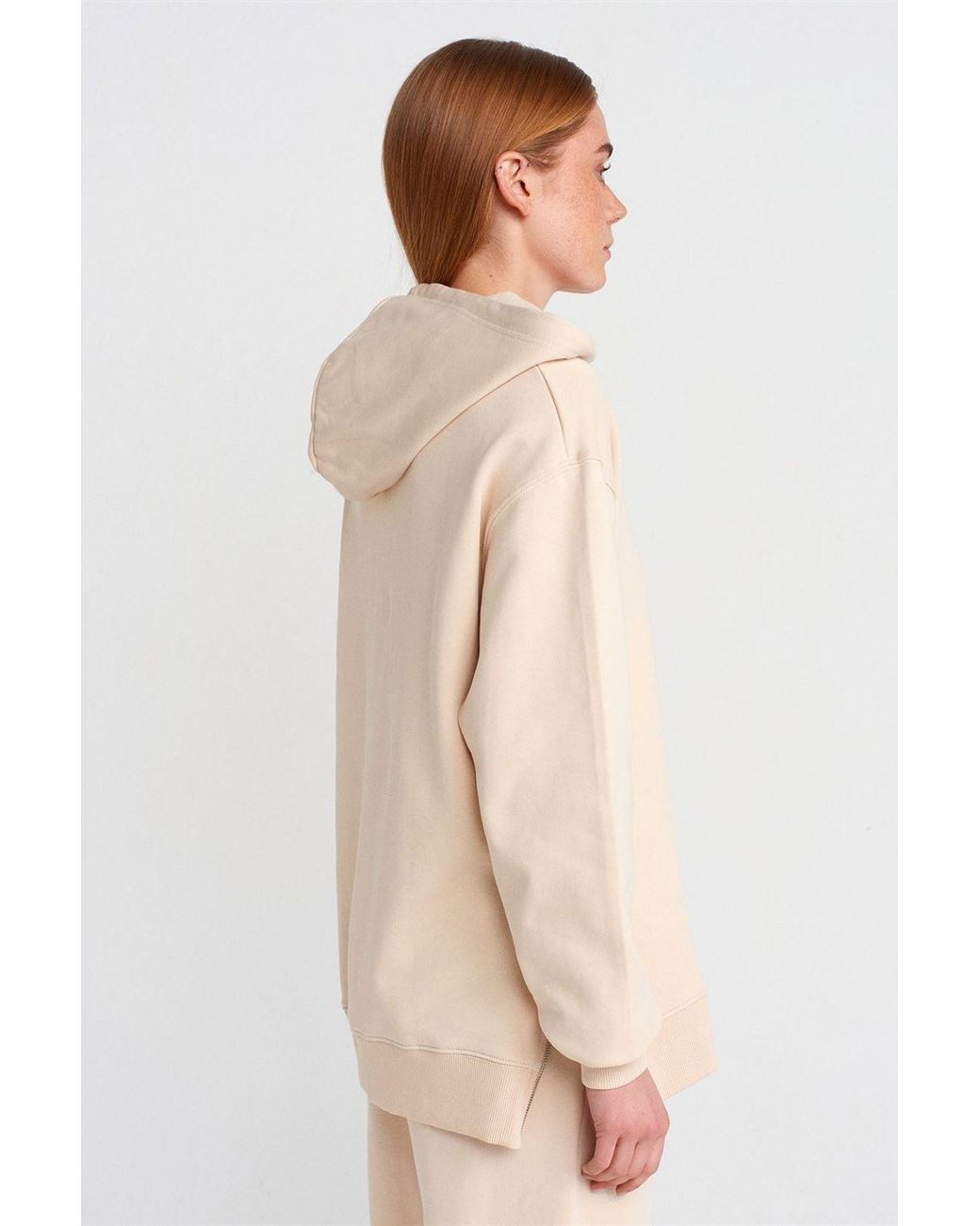 Dilvin Natural Oversized Cotton Zip-Front Hooded Sweatshirt