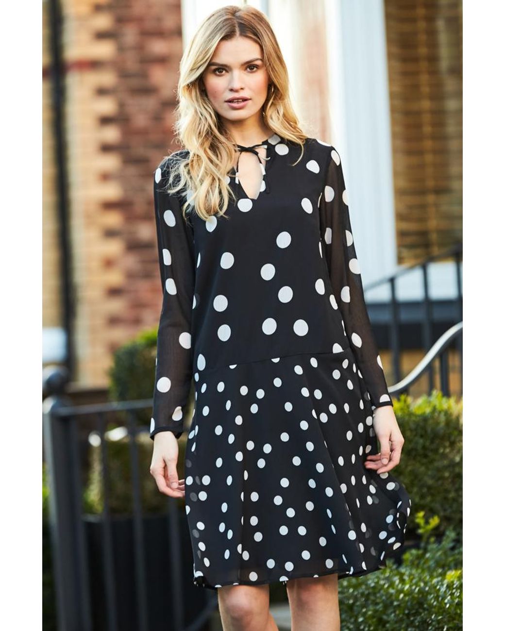 Sosandar Black Spot Print Fluted Hem Shift Dress