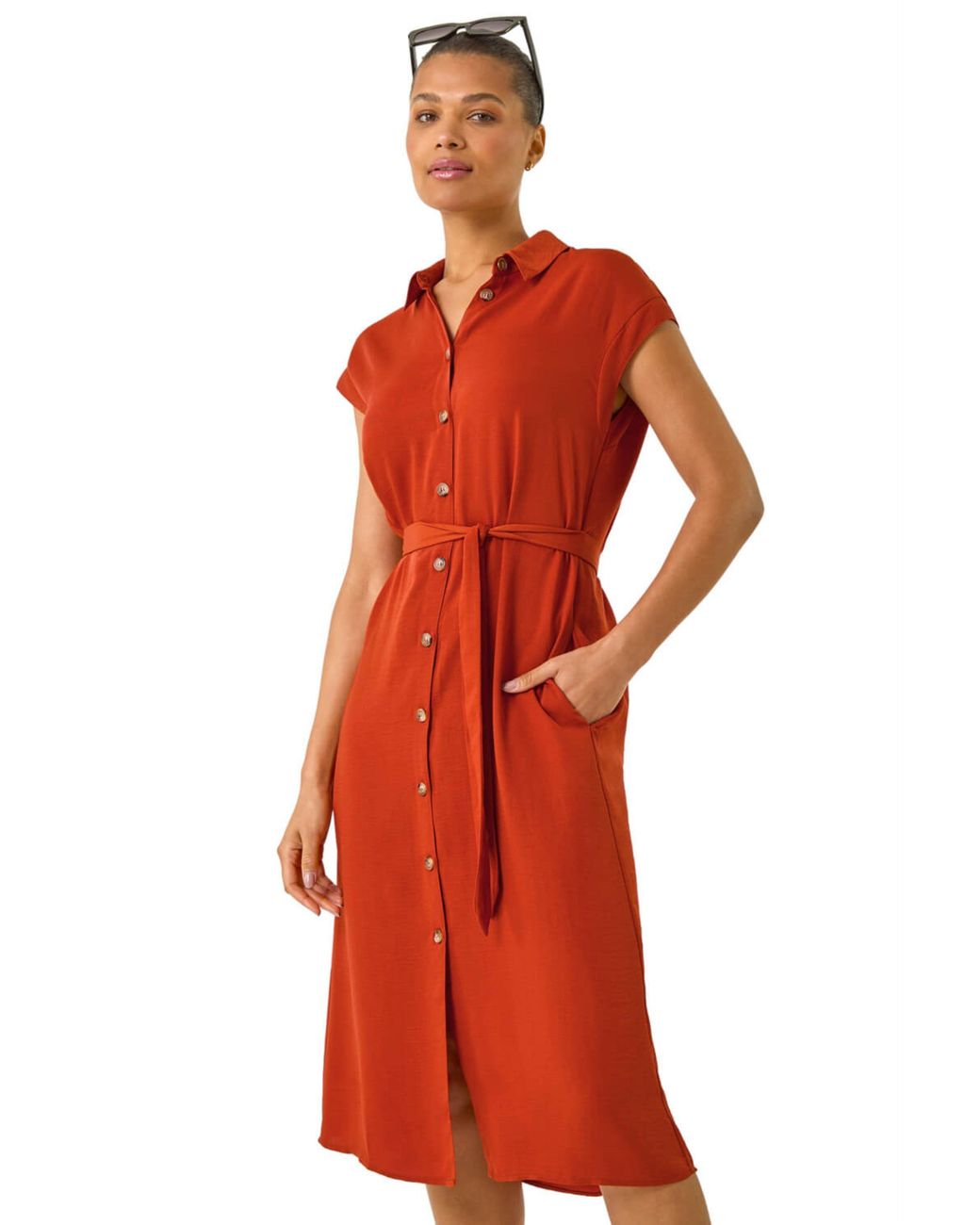 Roman Red Utility Buttoned Shirt Dress
