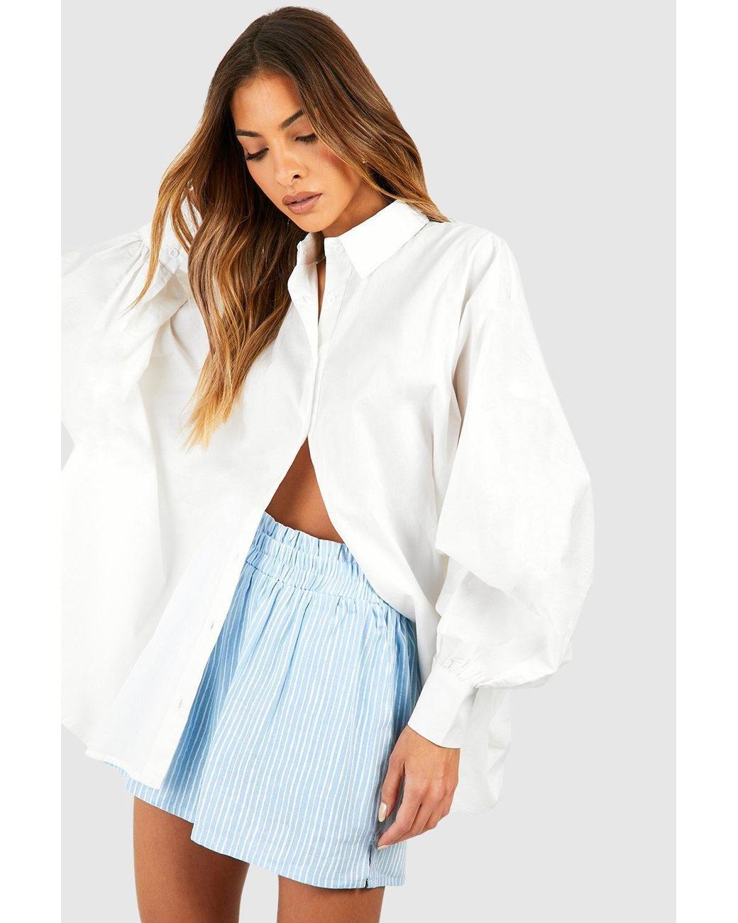 Boohoo Blue Oversized Volume Sleeve Cotton Poplin Shirt