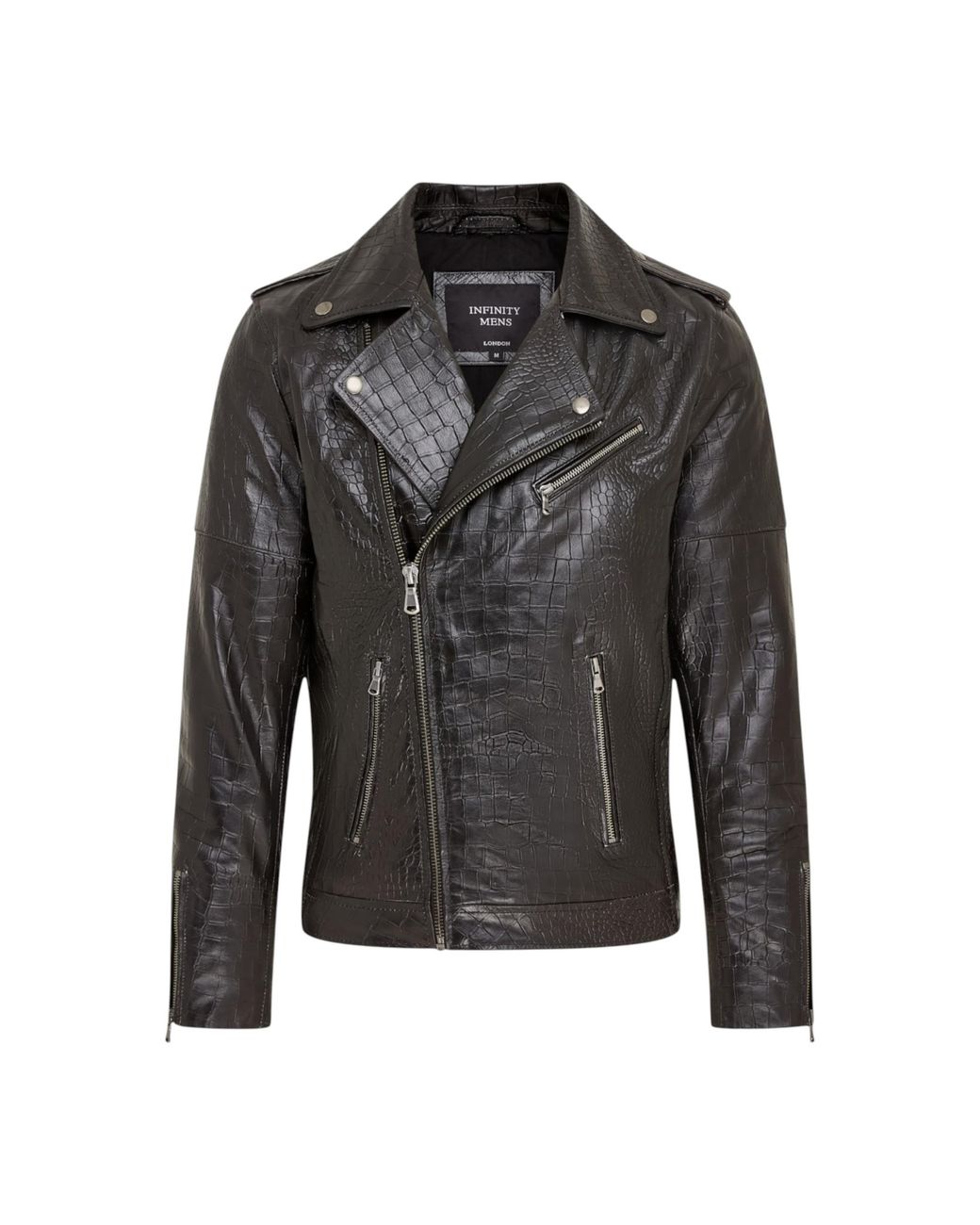 Infinity Leather Black Cow Alligator Print Embossed Biker Jacket for men