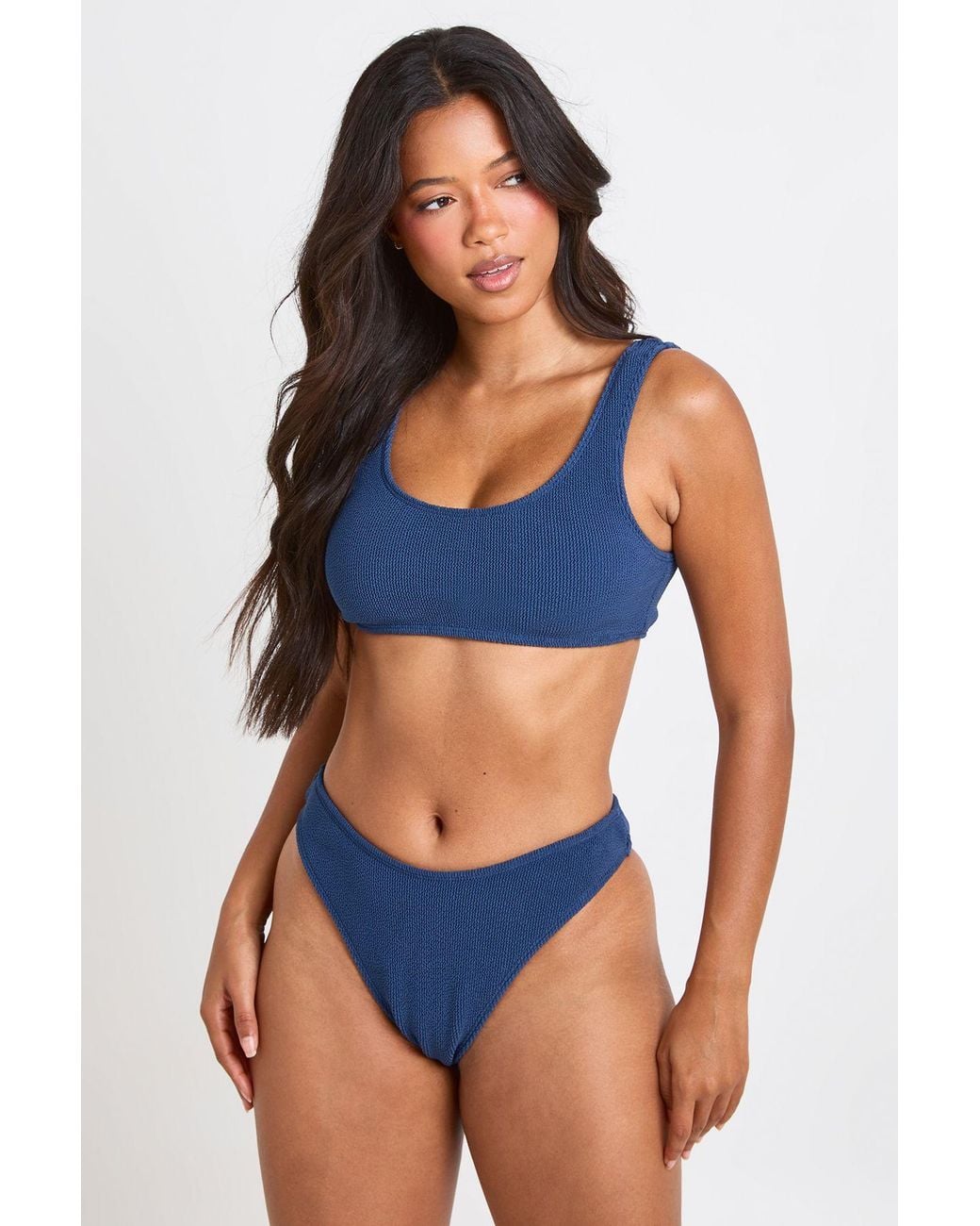 Boohoo Blue Textured High Leg Bikini Bottom
