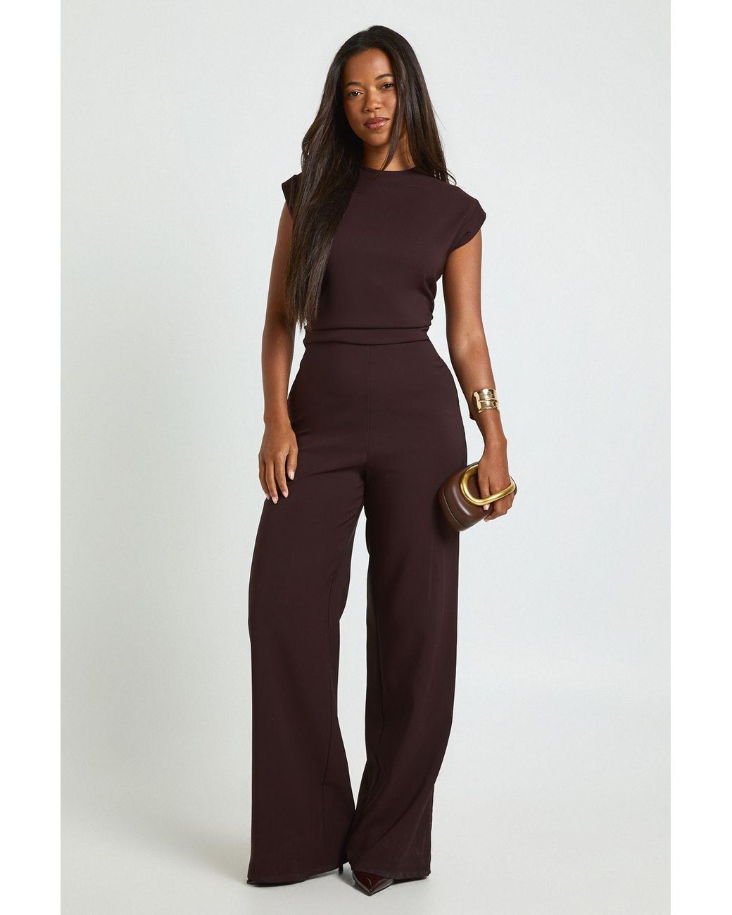 Boohoo Brown Ruched Waist Wide Leg Jumpsuit
