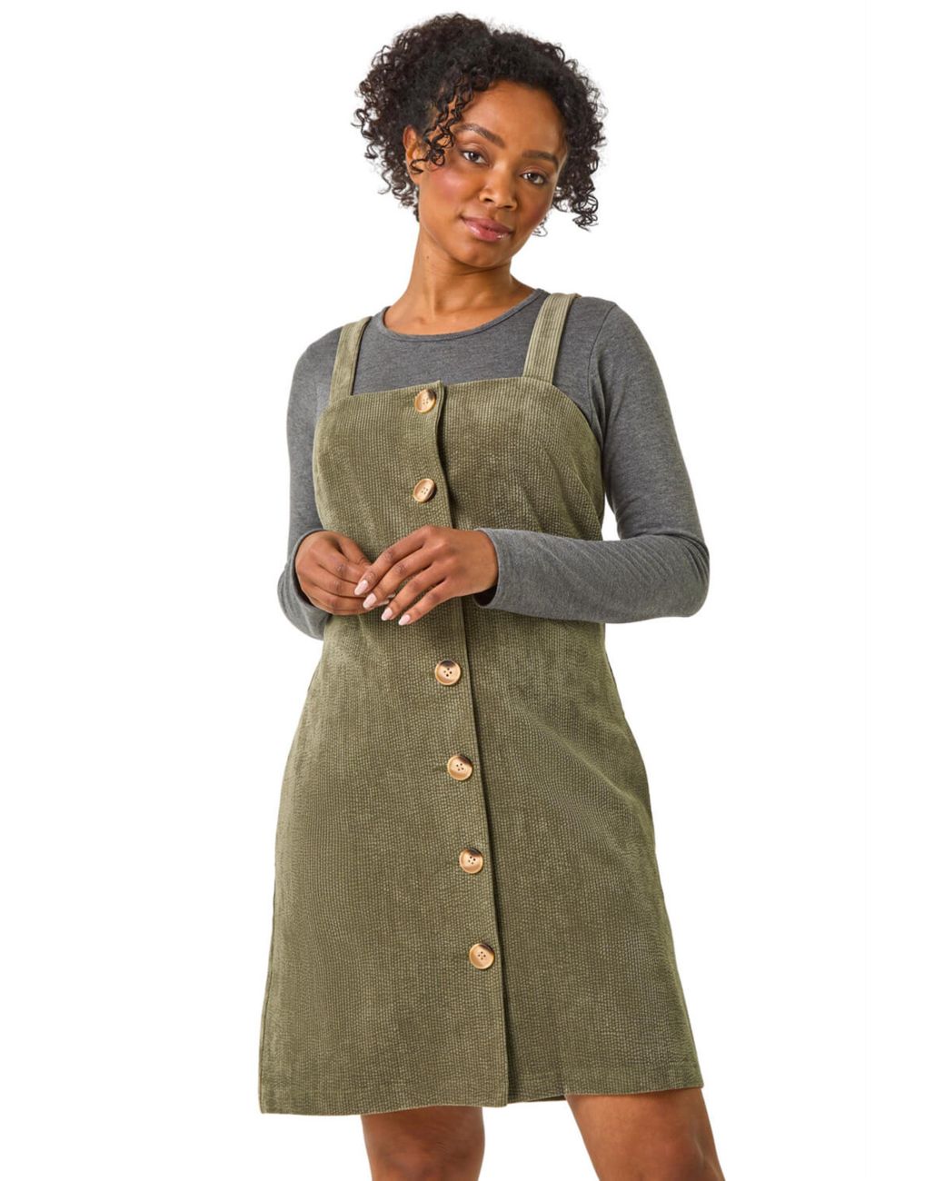 Roman Green Petite Corduroy Pinafore Button Dress