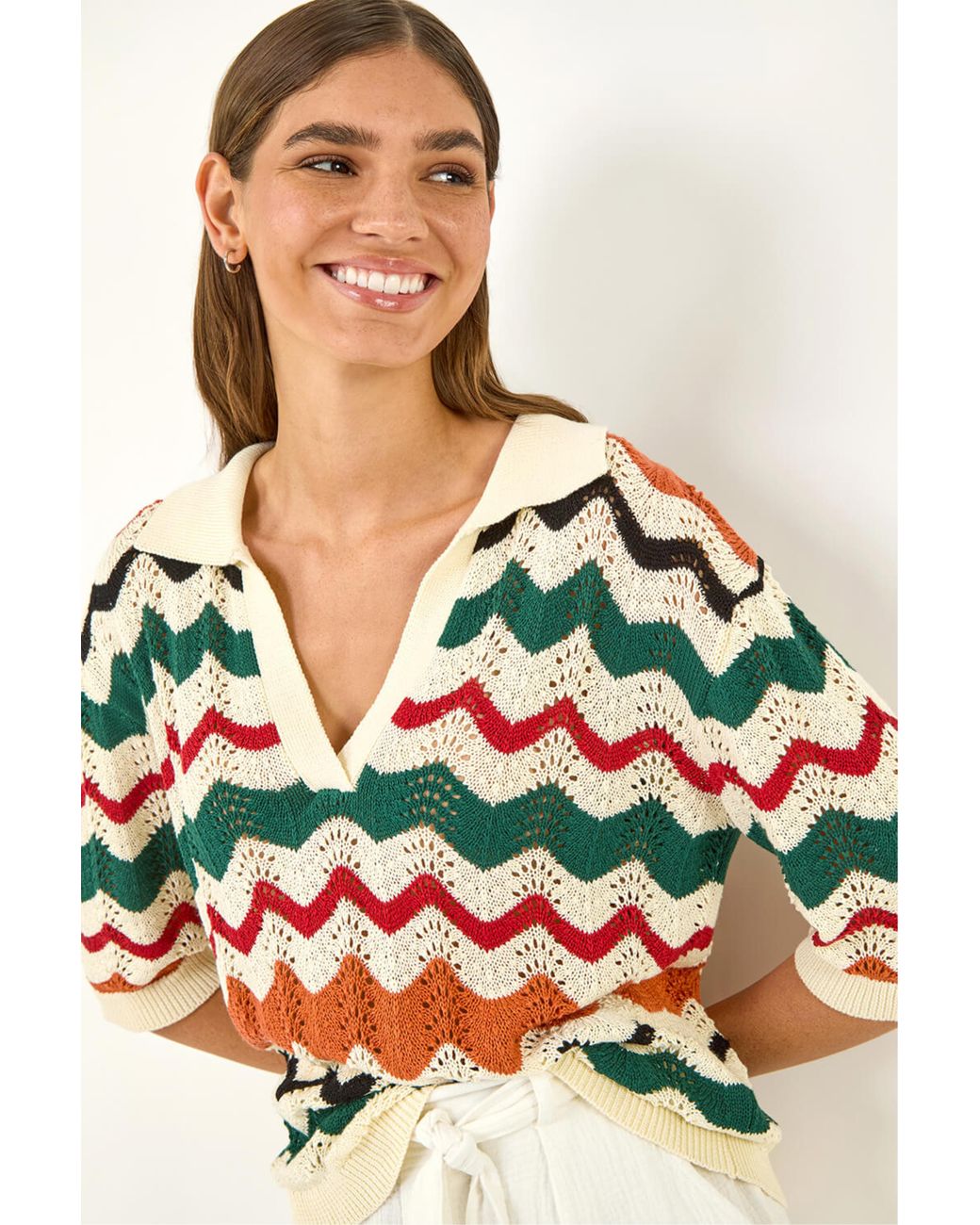Roman Red Collar Wave Stripe Knit Top