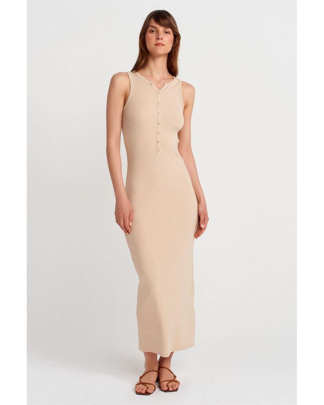 Dilvin White Ribbed Cotton Blend Sleeveless Maxi Dress