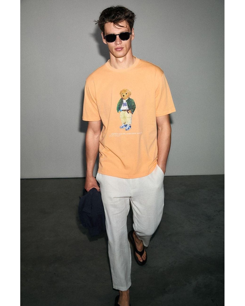 Grimelange Orange Printed Crew Neck T-Shirt for men