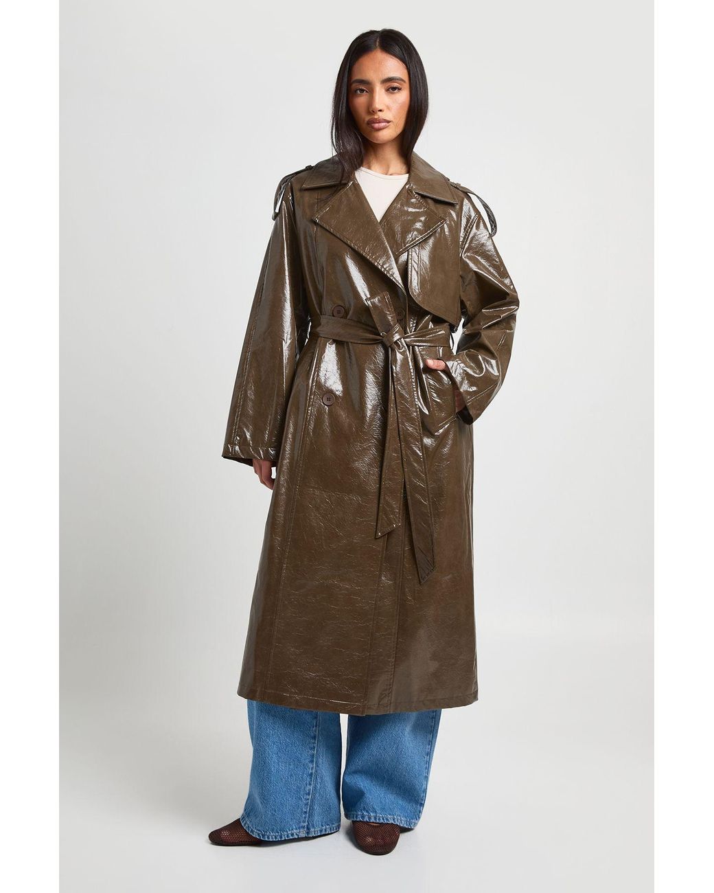 Boohoo Brown Patent Belted Trench Coat