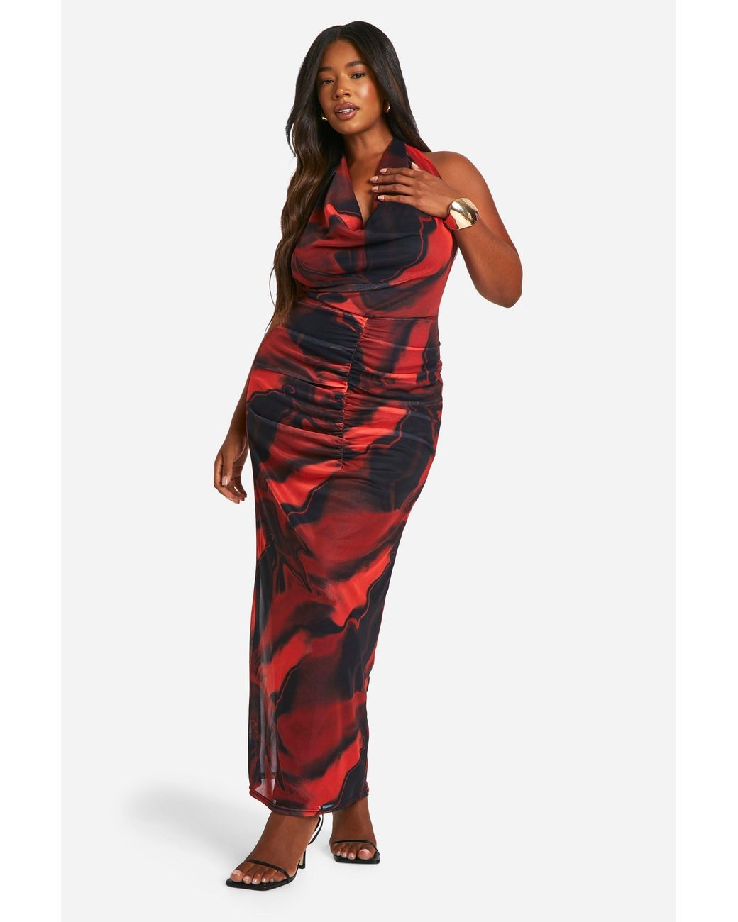 Boohoo Red Plus Floral Mesh Cowl Neck Maxi Dress