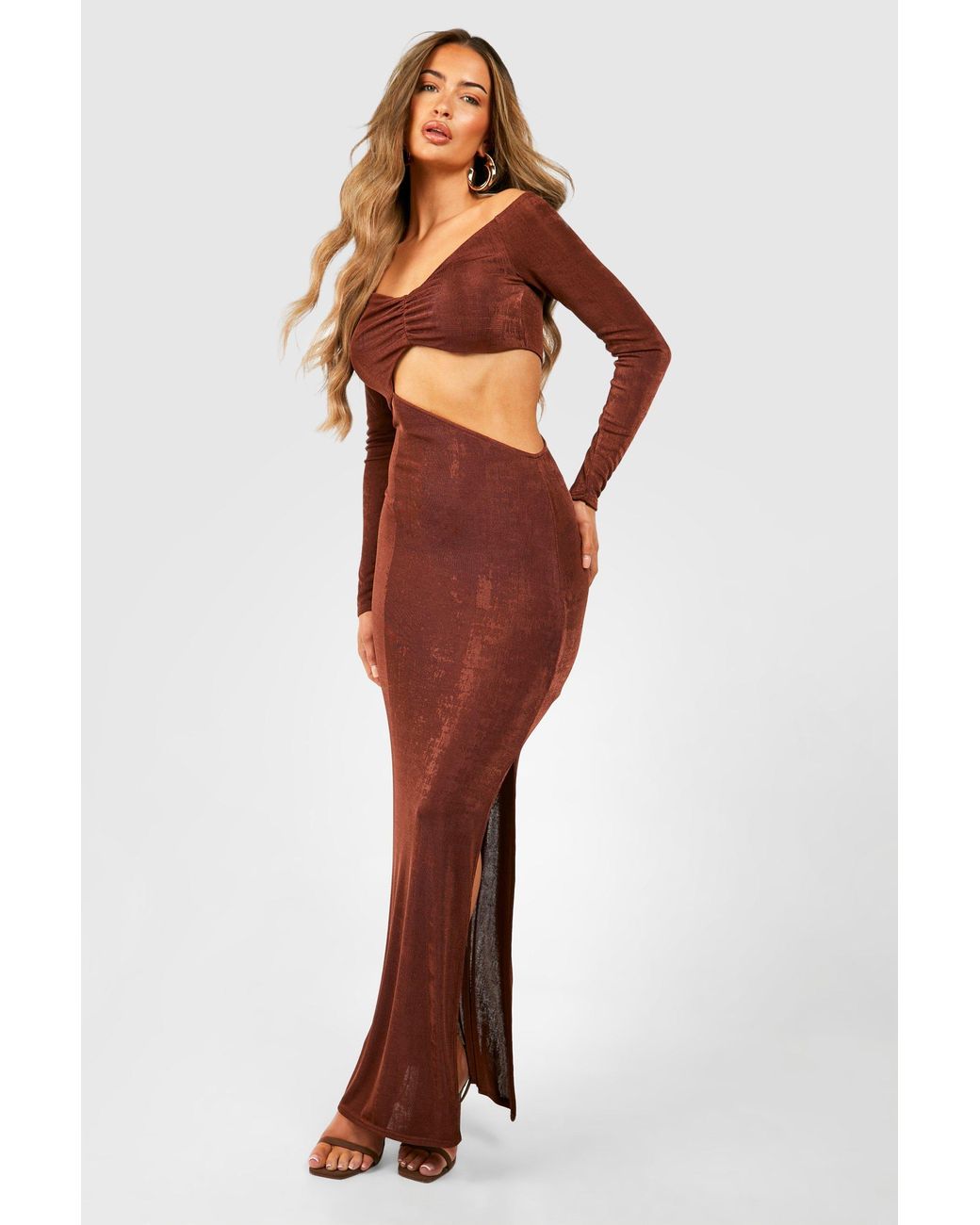 Boohoo Red Bardot Ruched Acetate Slinky Split Leg Maxi Dress