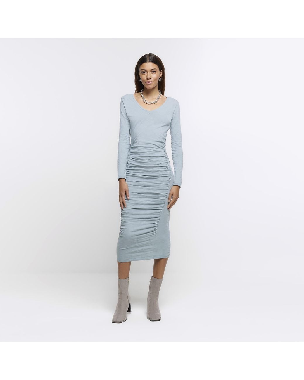 River Island Blue Bodycon Midi Dress Ruched Cotton