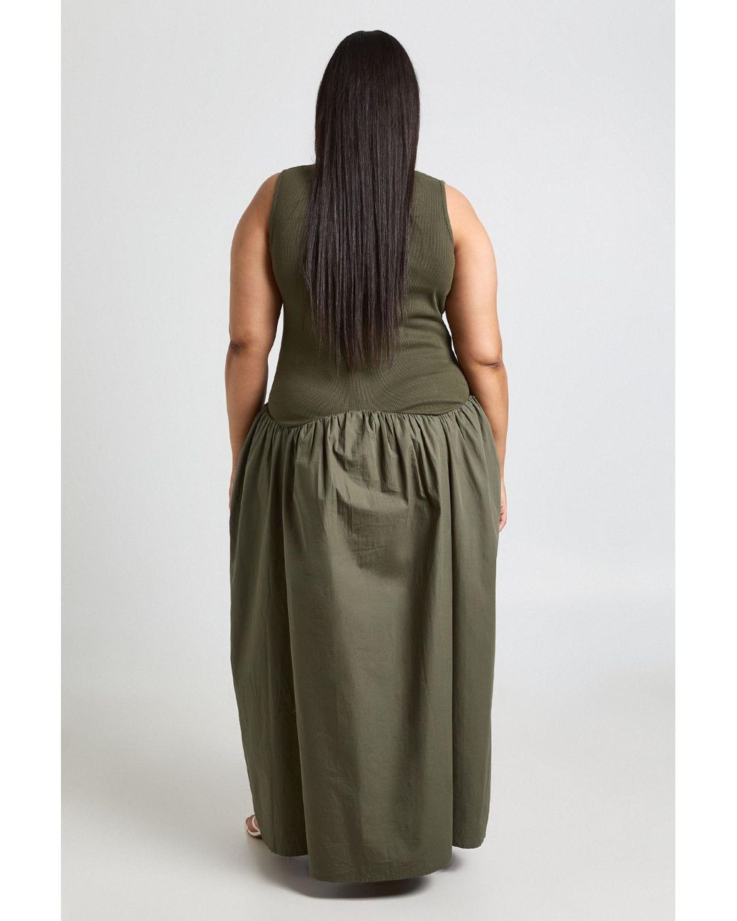 Boohoo Green Plus Rib Cotton Mix Dropped Hem Maxi Dress