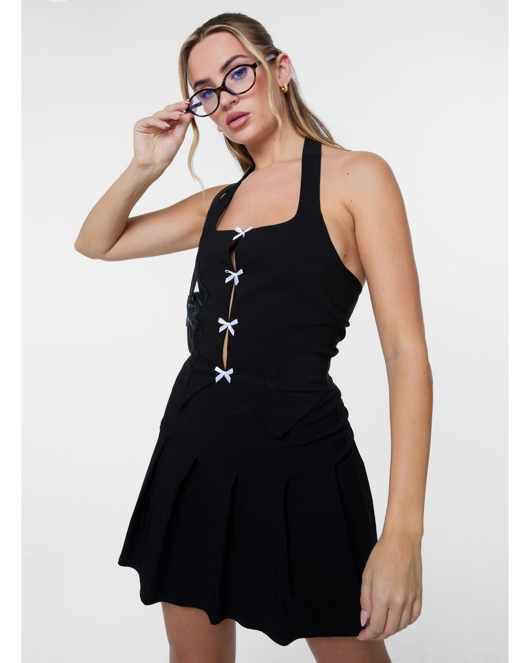 Pink Vanilla Black Halter Neck Top With Bows