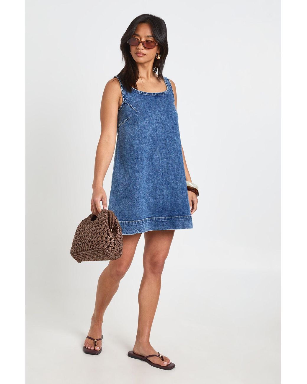 Boohoo Blue Petite A-Line Square Neck Denim Mini Dress