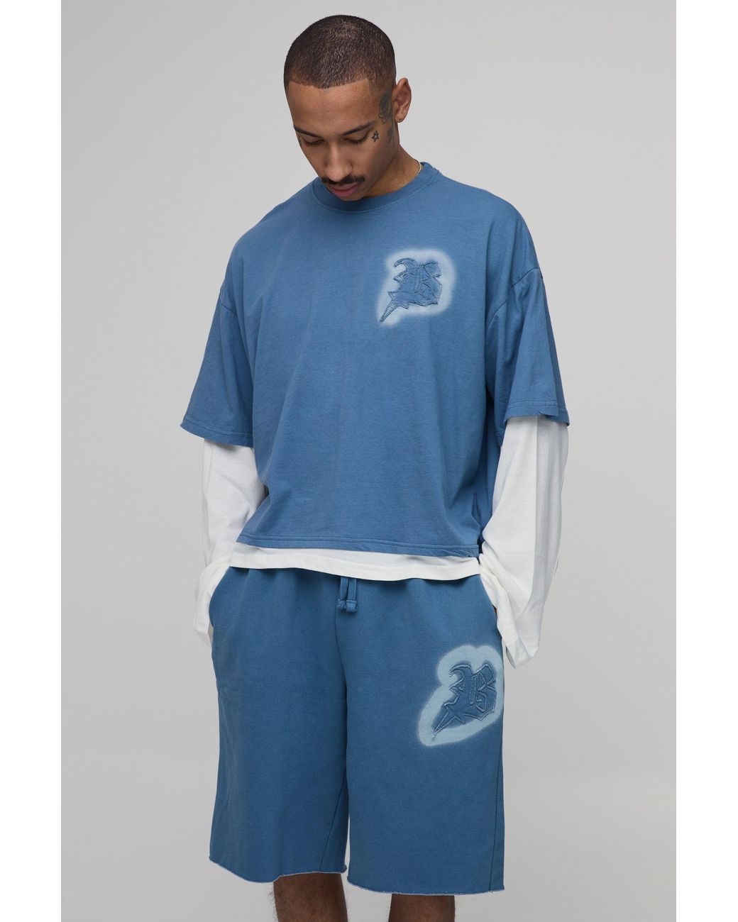 BoohooMAN Blue Oversized Boxy B Applique Faux Layer Washed T-Shirt And Short Set for men