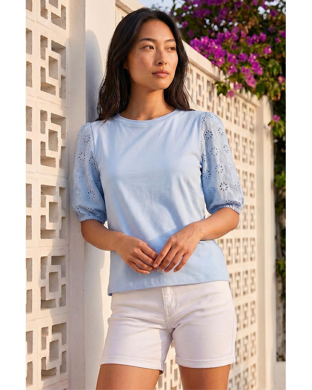Roman Blue Petite Embroidered Puff Sleeve Top