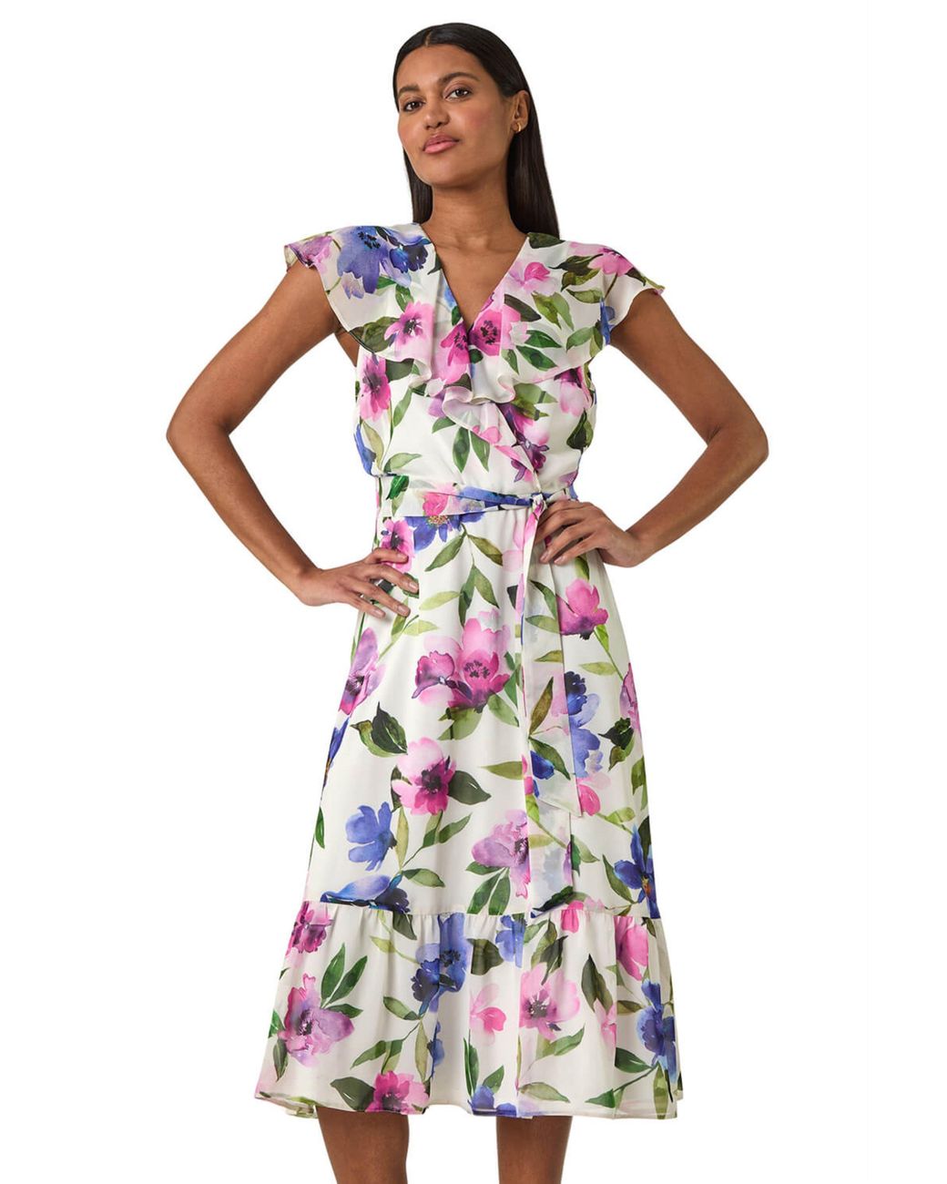 Roman White Floral Frill Wrap Midi Dress