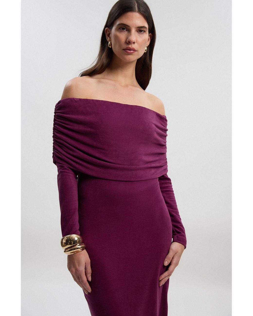 Karen Millen Purple Off The Shoulder Brushed Textured Jersey Midi Dress