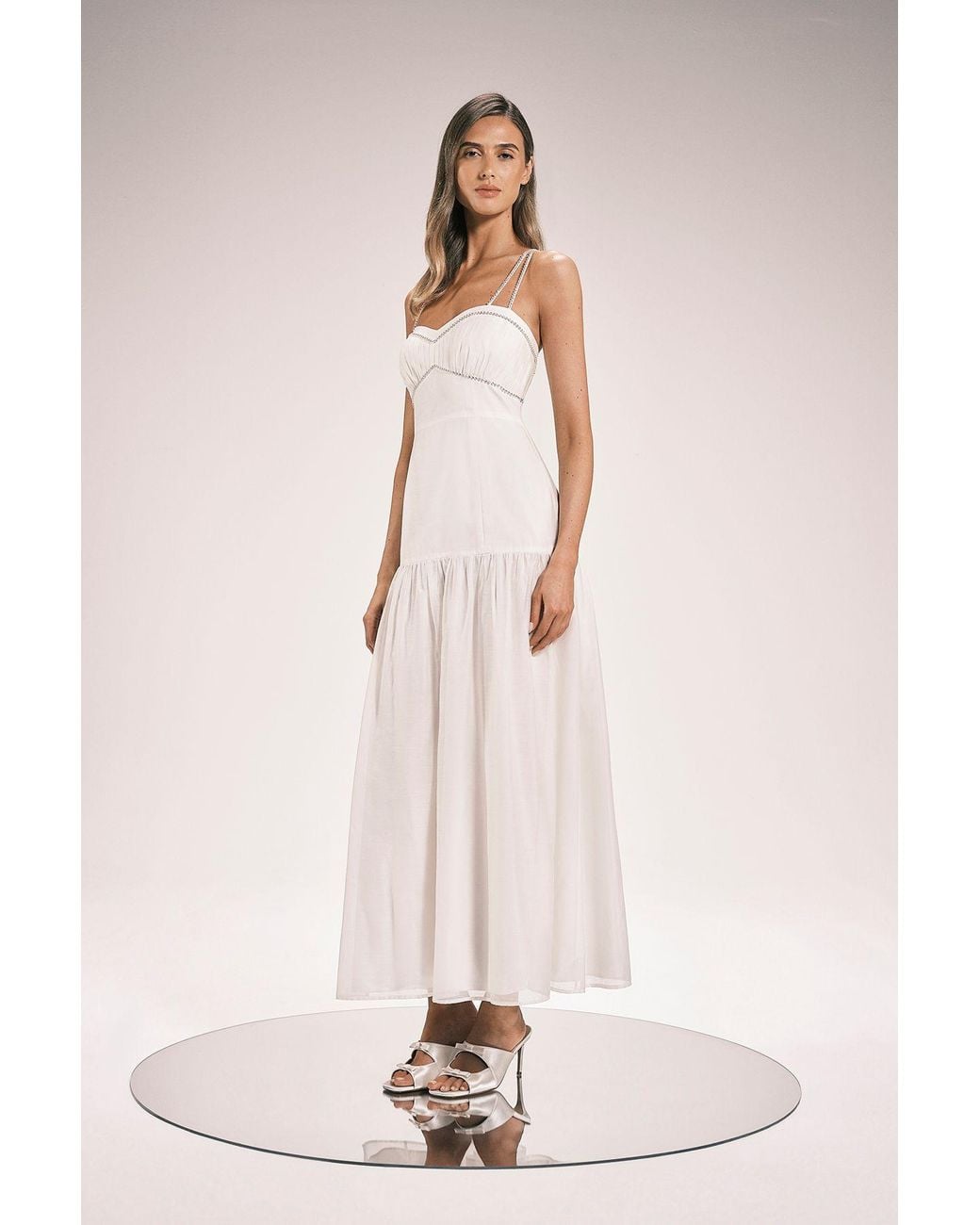 Karen Millen Pink Cotton Diamonte Detail Woven Midi Dress