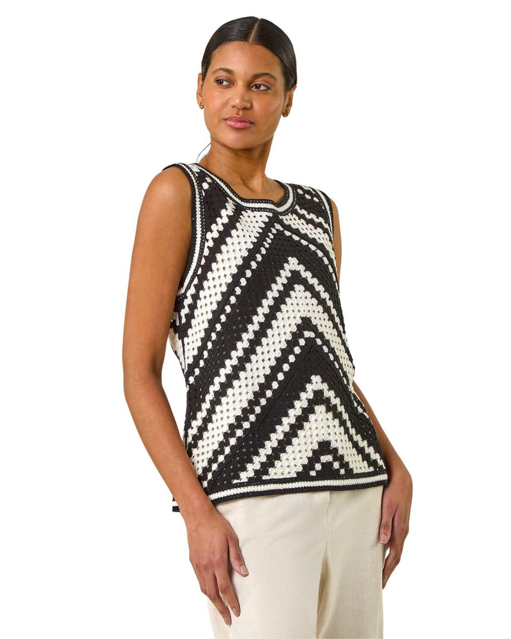 Roman Black Chevron Crochet Knit Vest Top