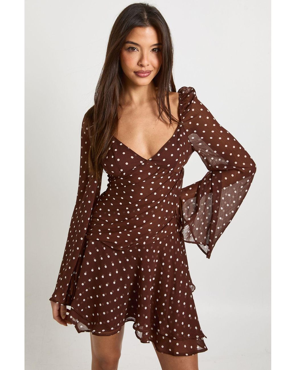 Boohoo Brown Polka Dot Ruched Sweetheart Pleated Skater Dress