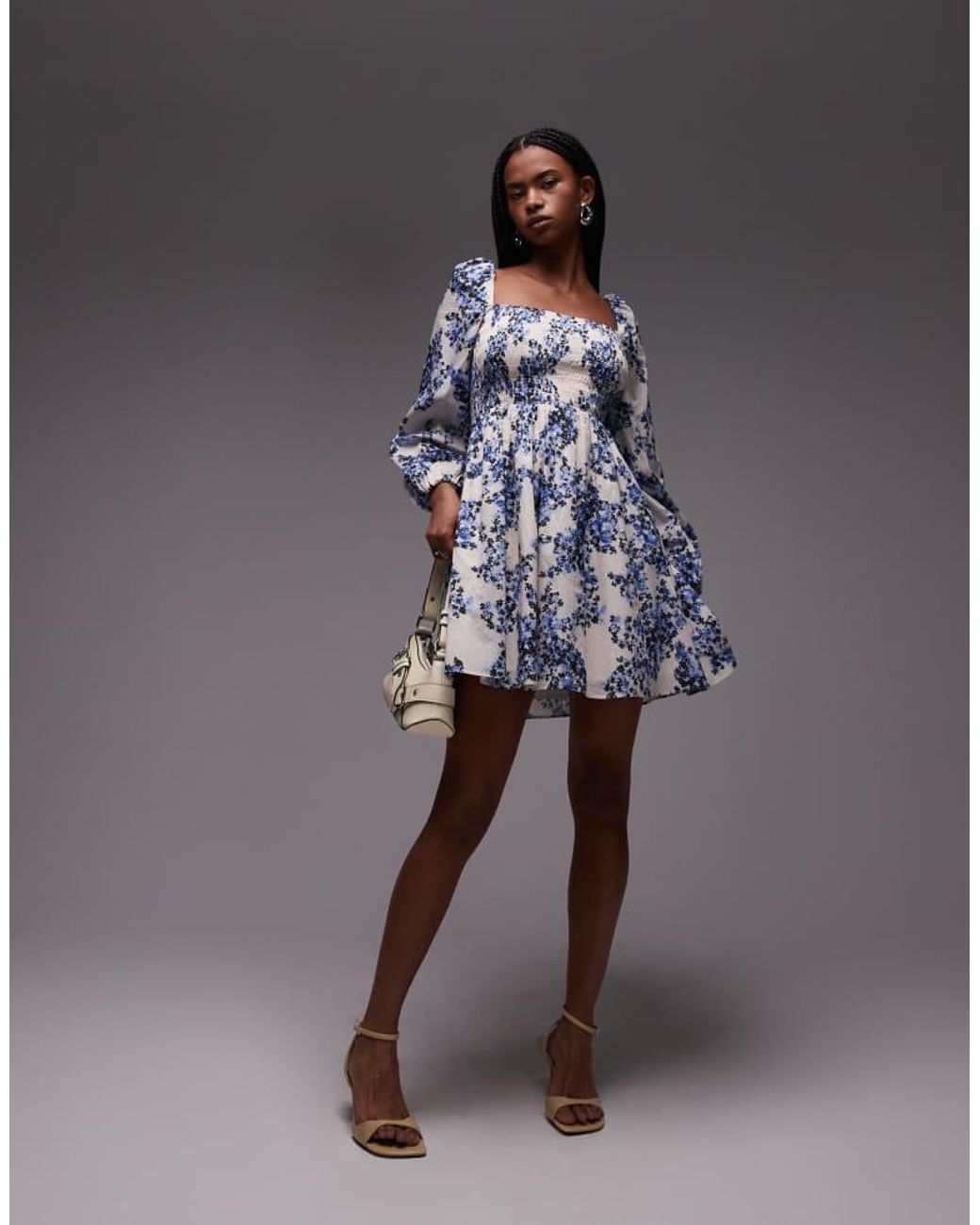 & Other Stories Blue Square Neck Mini Dress With Shirred Bodice