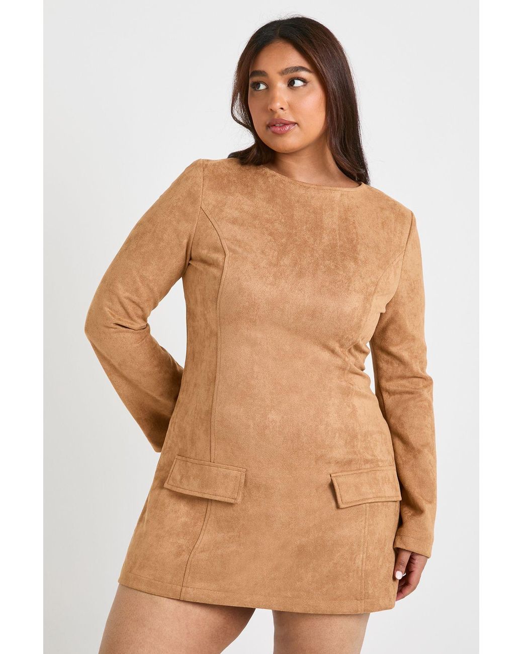 Boohoo Natural Plus Faux Suede Flared Sleeve A Line Mini Dress