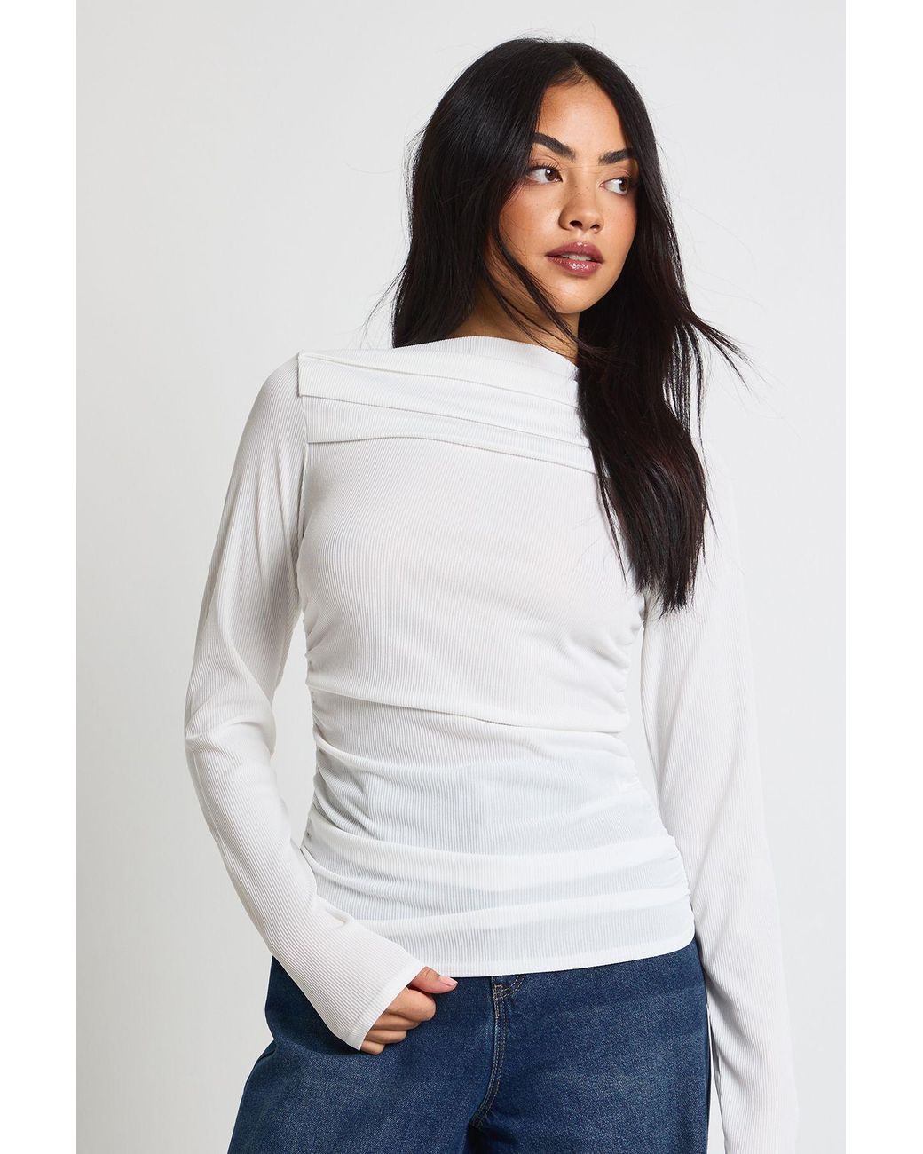 Boohoo White Ribbed Draped Front Long Sleeve Top