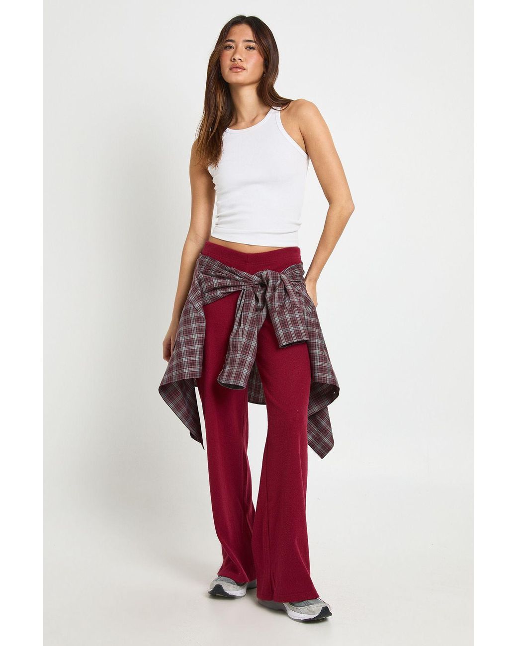 Boohoo Red Brushed Rib Wide Leg Trouser