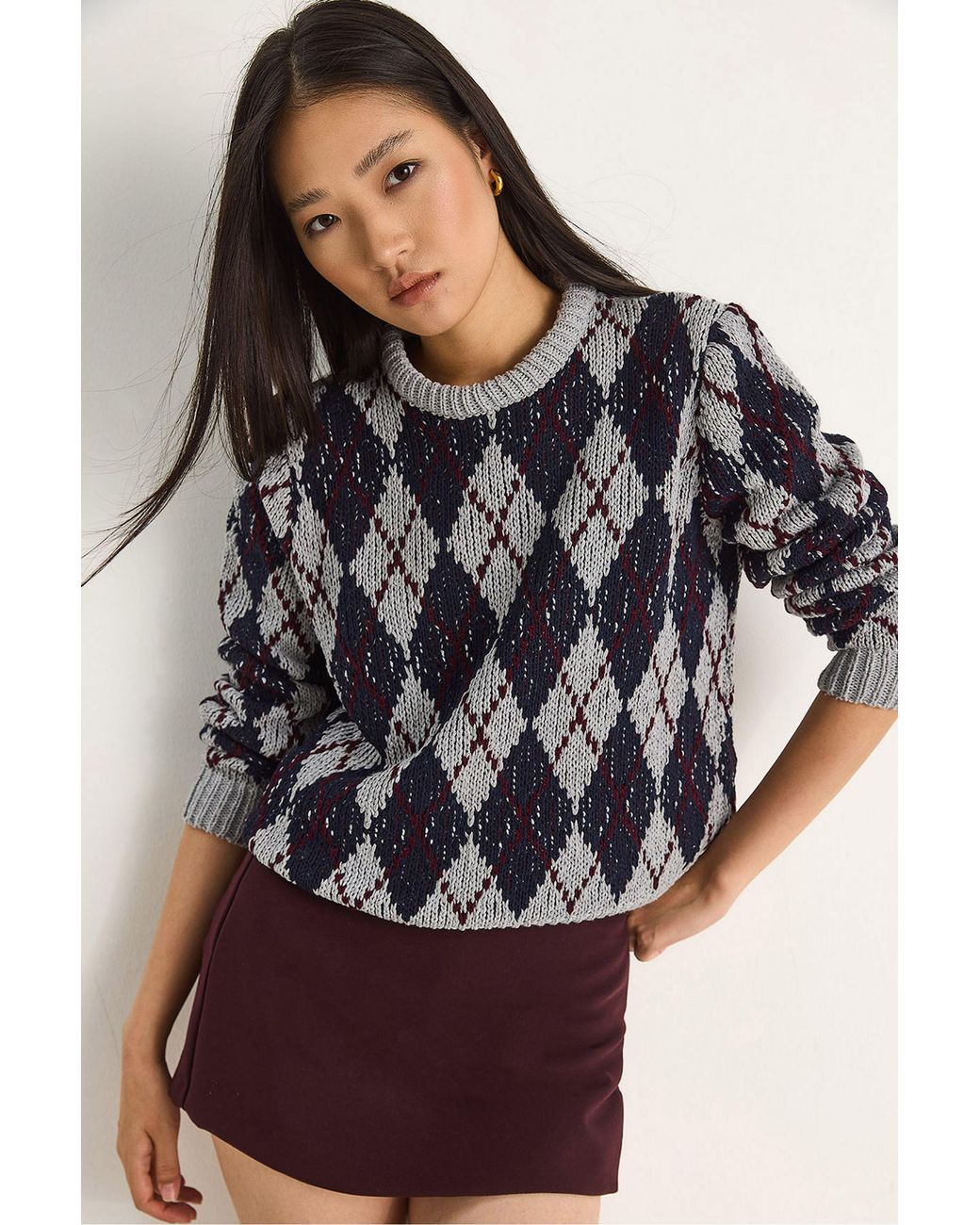 Bianco Lucci Black Crew Neck Knitted Sweater With Diamond Pattern