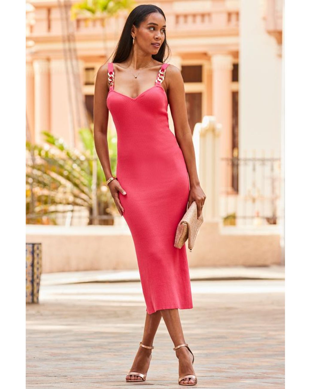 Sosandar Pink Coral Chain Strap Detail Ribbed Midi Dress