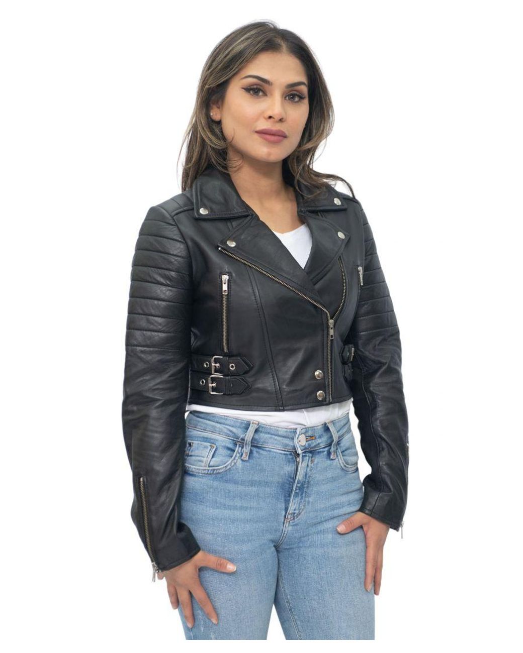 Infinity Leather Black Cropped Brando Biker Jacket-Damascus