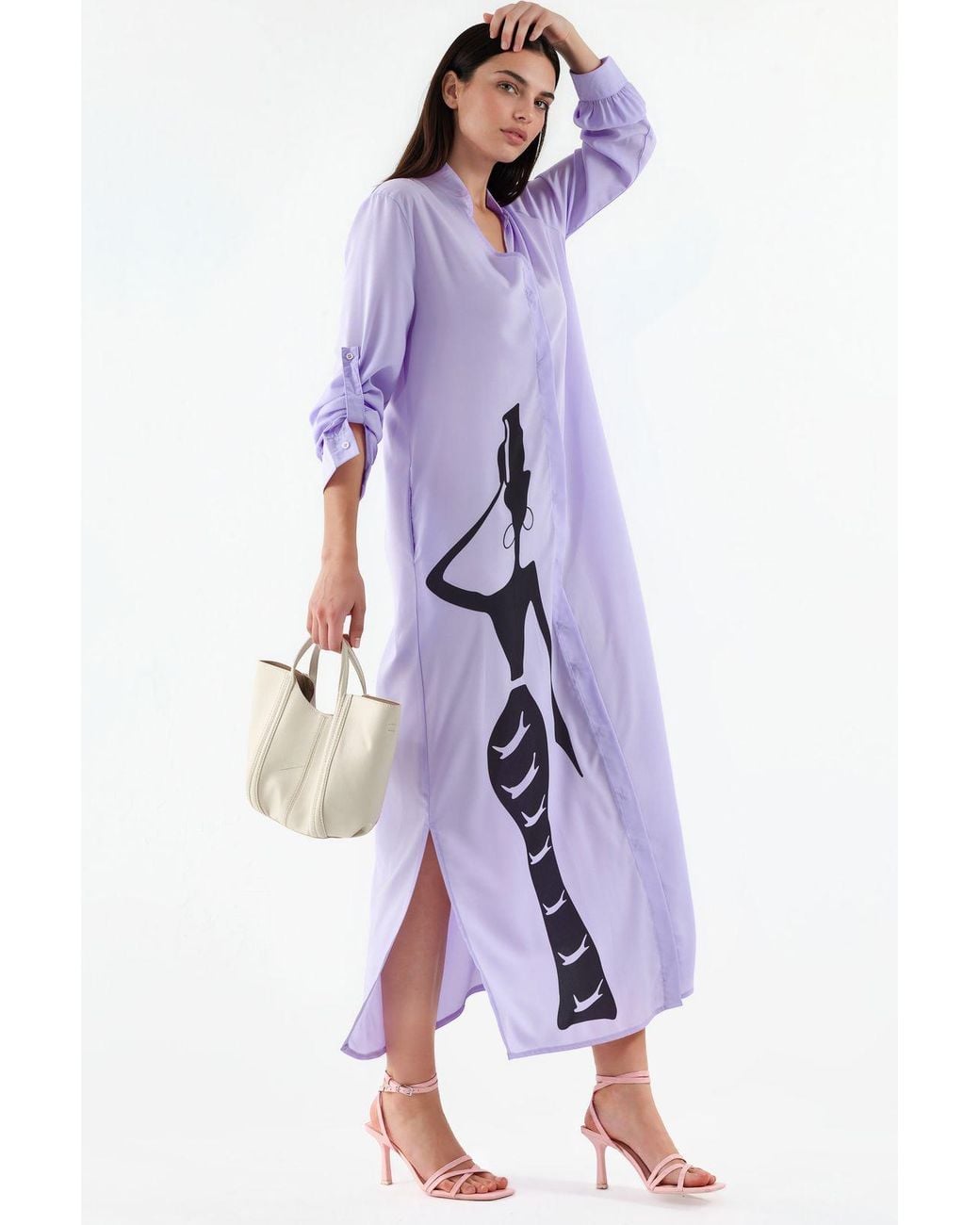 Msn-Collection Purple Text Print Maxi Shirt Dress