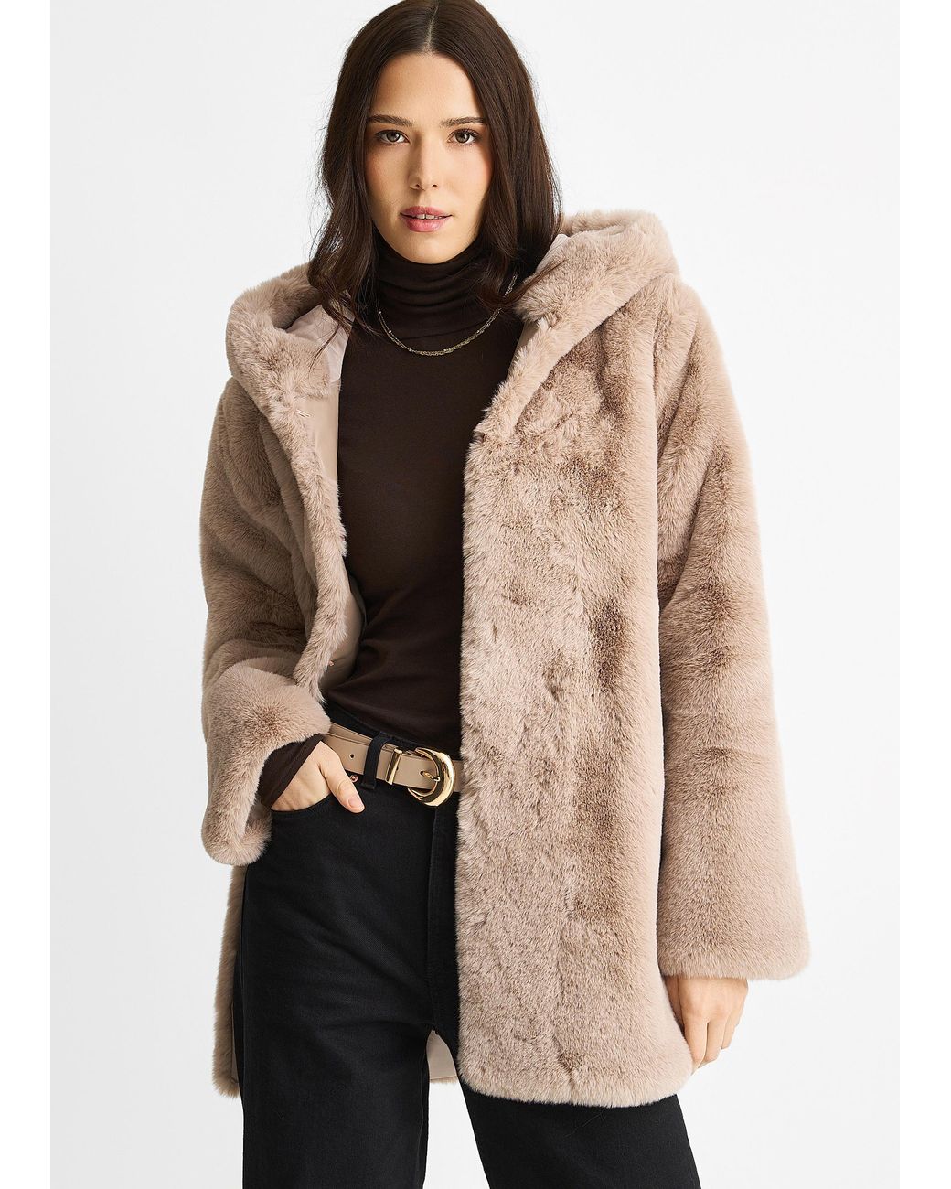 Gini London Natural Hooded Faux Fur Jacket