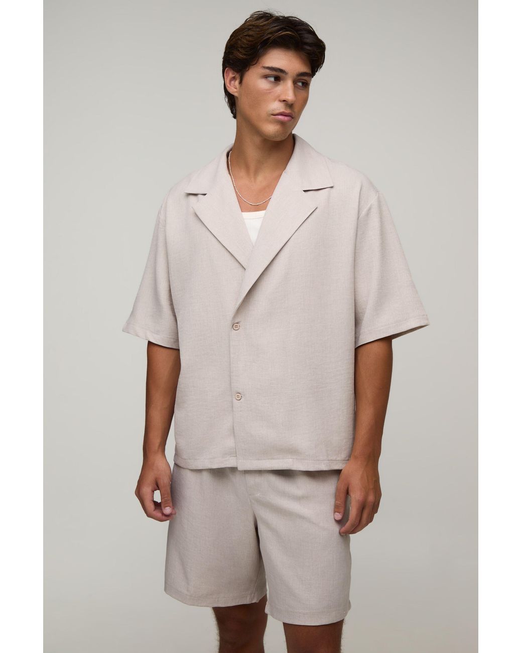 BoohooMAN Natural Wrap Linen Look Shirt & Short Set for men