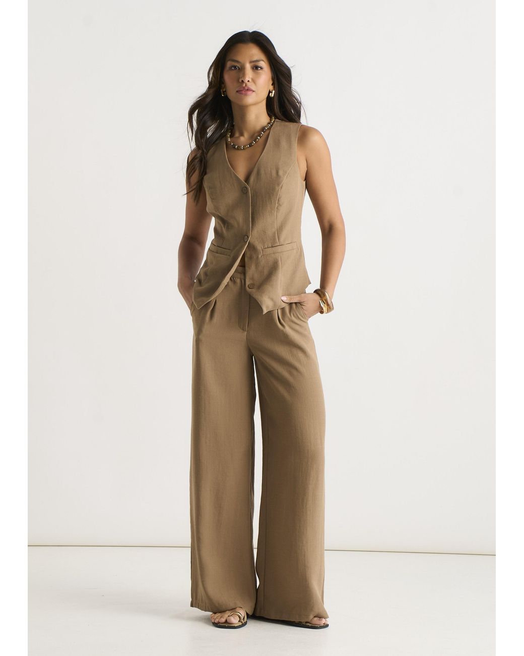 Gini London Natural Tailored Wide Leg Trousers