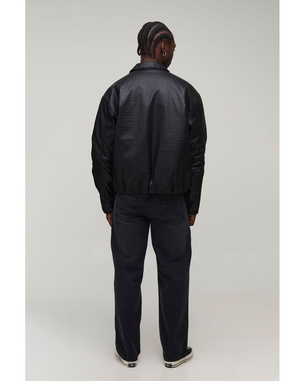 BoohooMAN Black Tall Boxy Fit Pu Textured Harrington Jacket for men