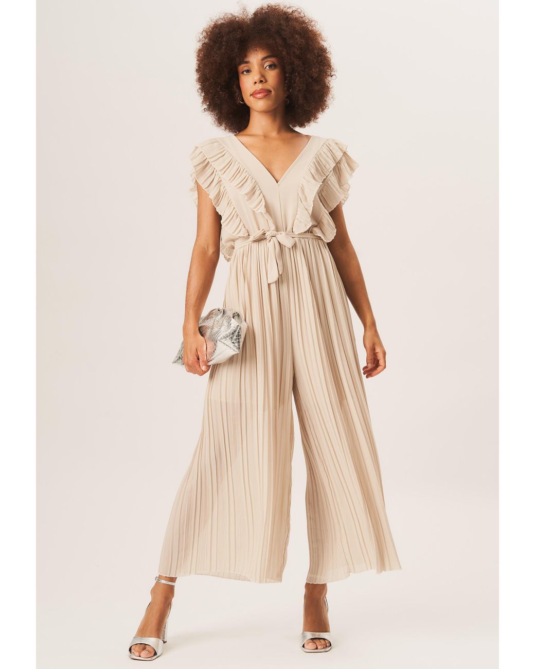 Gini London Ruffle Detail Pleated Culotte Jumpsuit in Natural Lyst UK