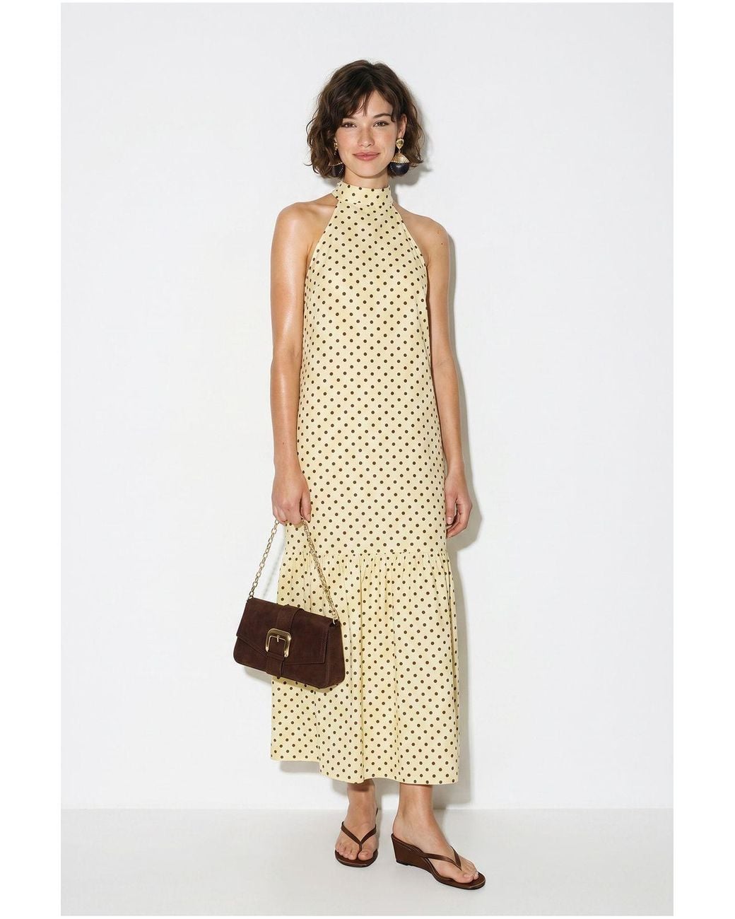 Bianco Lucci Natural Halter Polka Dot A-Line Maxi Dress