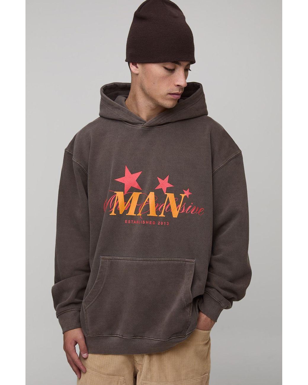 BoohooMAN Gray Washed Oversized Star Printed Hoodie Cotton for men