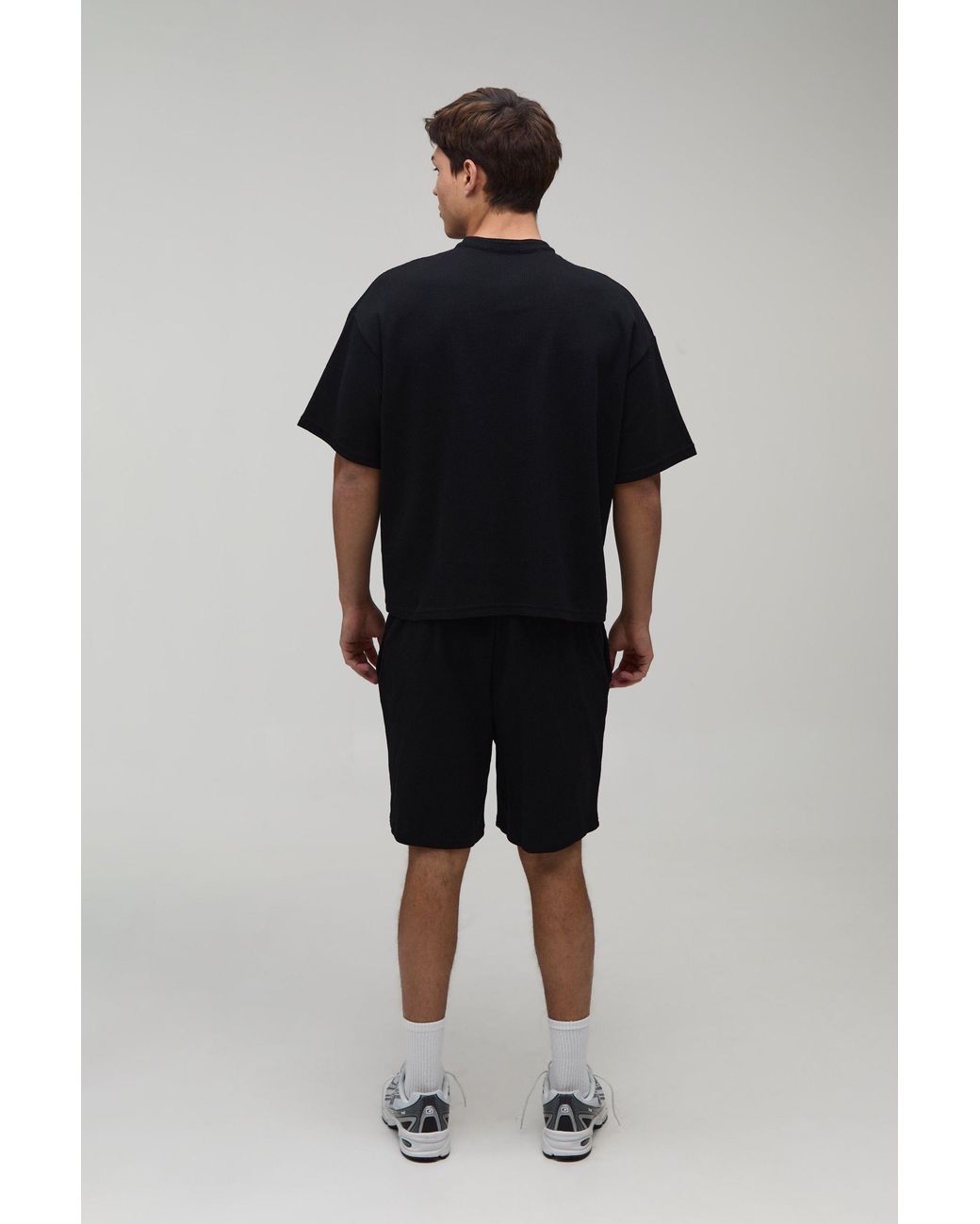 BoohooMAN Blue Oversized Boxy Waffle Henley T-Shirt & Baggy Shorts Set for men