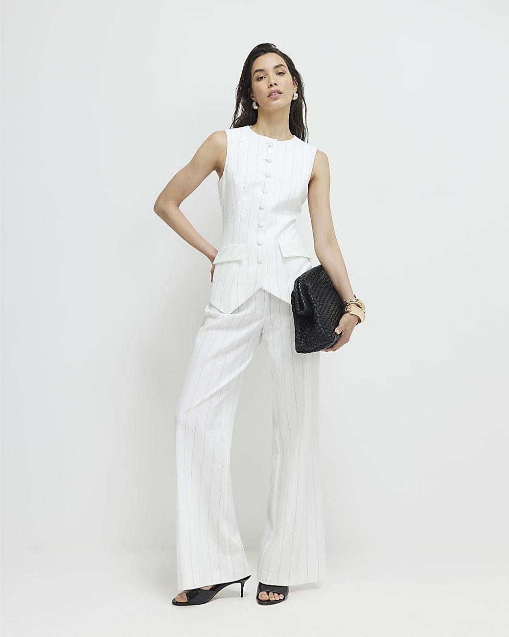 River Island White Wide Leg Trousers Striped