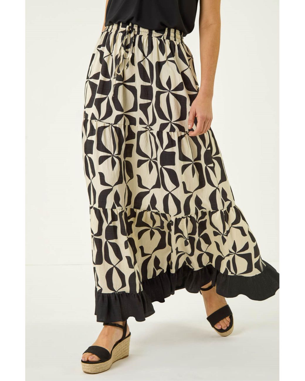 Roman Black Mono Print Tiered Maxi Skirt