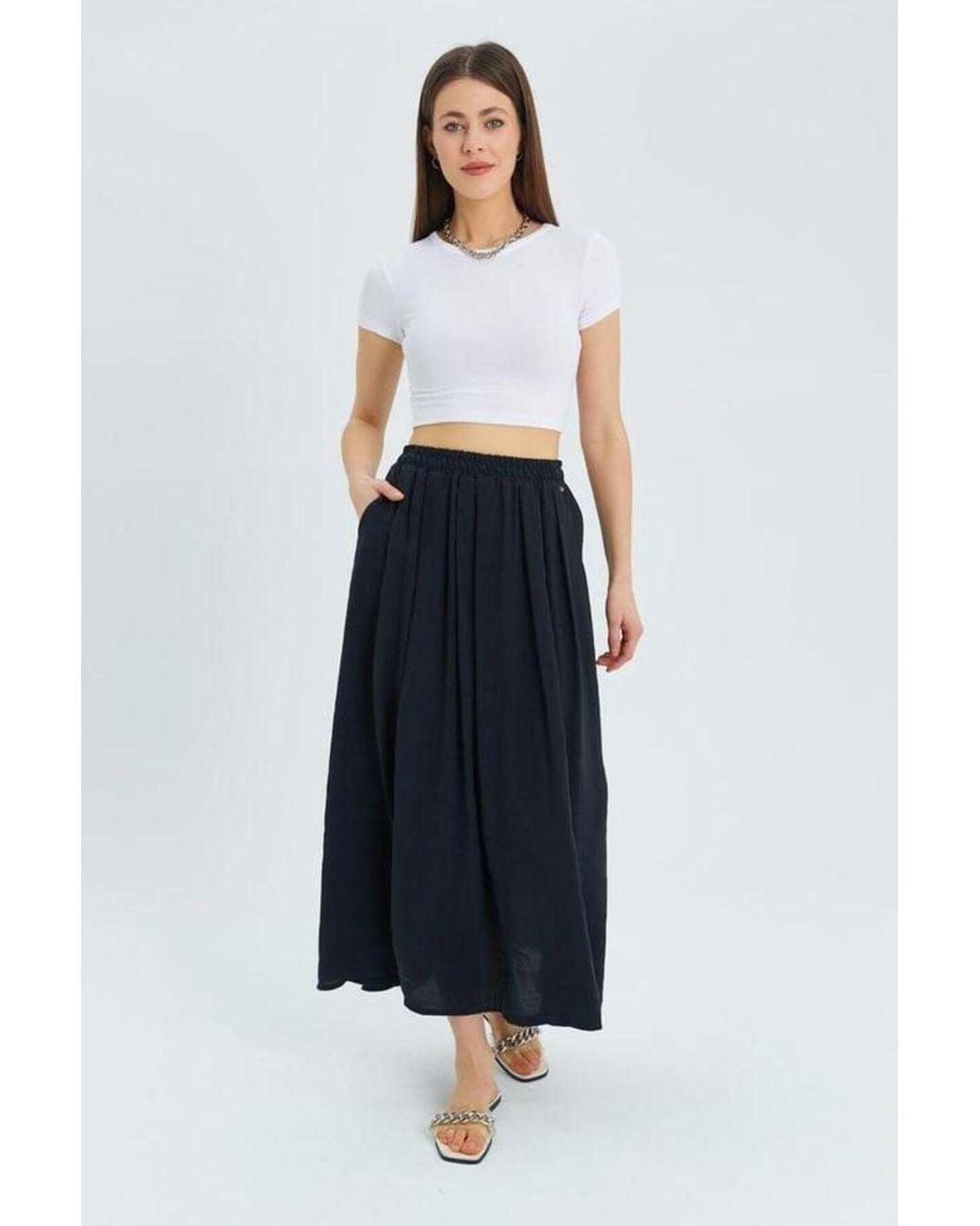 MixRay Blue High-Waisted Long Skirt With Pockets