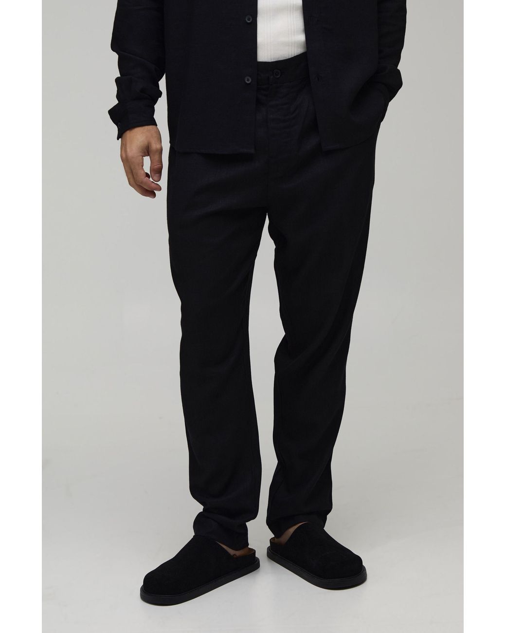 BoohooMAN Black Slim Fit Half & Waist Linen Blend Trouser for men