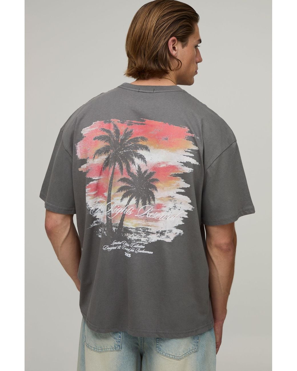 BoohooMAN Gray Oversized Sunset Palm Print T-Shirt Cotton for men