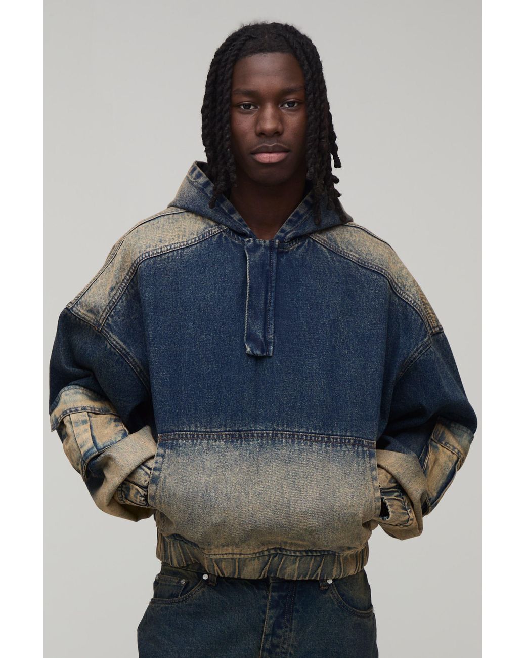 BoohooMAN Blue Oversized Boxy Balloon Fit Denim Hoodie for men