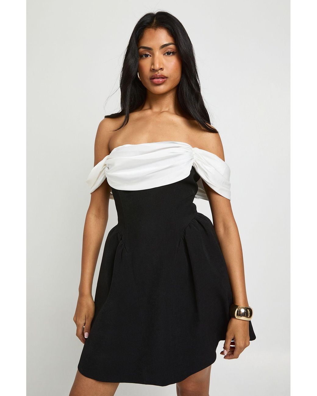 Boohoo Black Contrast Drape Detail Mini Skater Dress