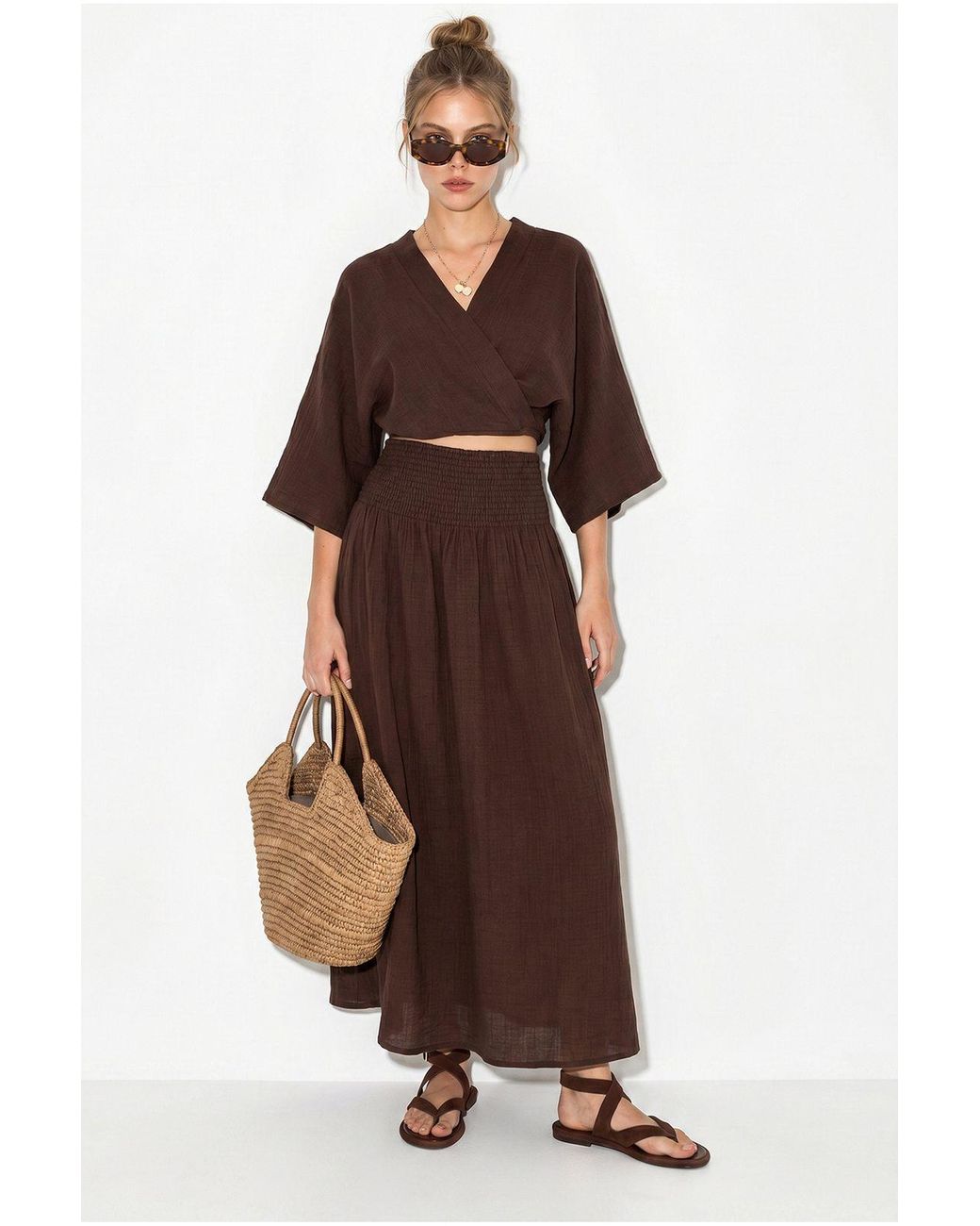 Bianco Lucci Brown Cotton Two-Piece Blouse And Midi Skirt Set