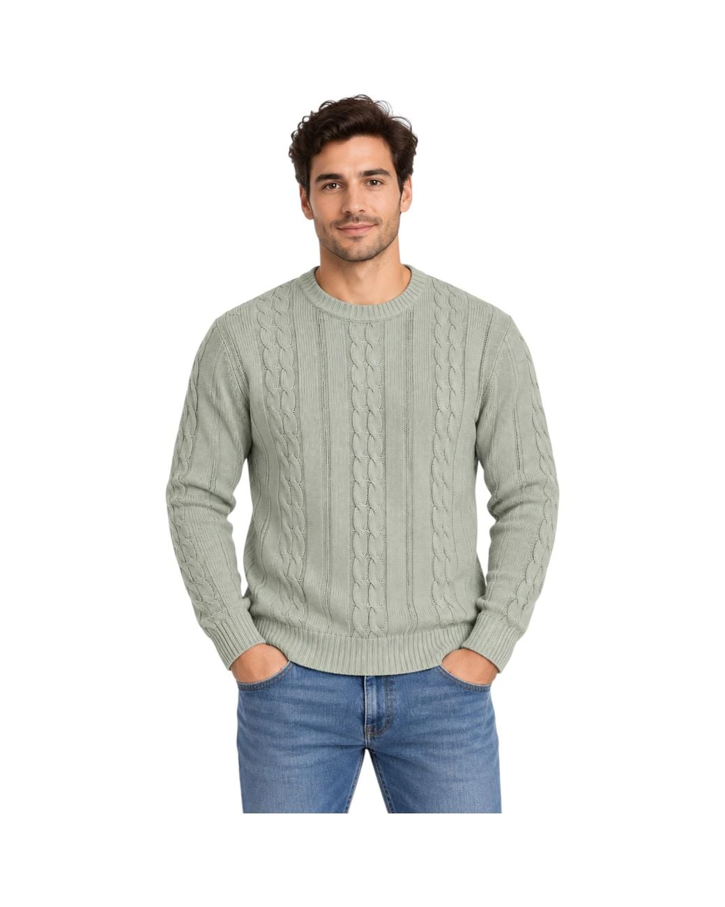 Marks & Spencer Gray M&S Cable Knit Sweatshirt Chunky Crew Neck Pullover Cotton Warm Soft Jumper for men